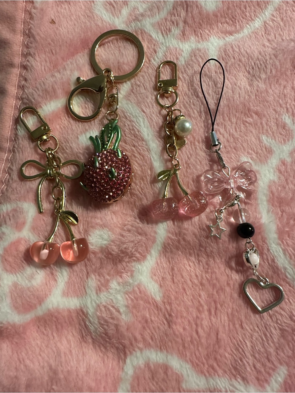 Gold-tone Pink Cherry & Strawberry Keychain Charm Set